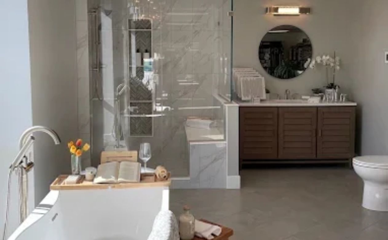 bath remodel in a Hagerstown, MD, bathroom from Burkholder's Flooring America, custom shower, tub, vanity, and floors