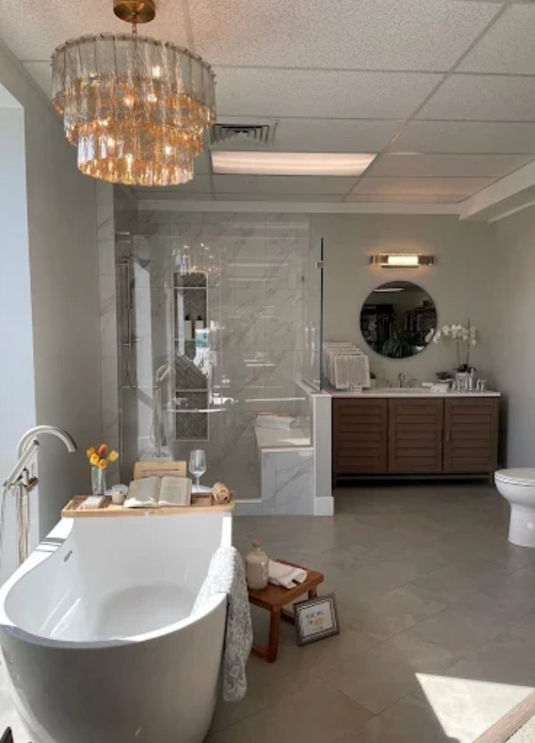 bath remodel in a Hagerstown, MD, bathroom from Burkholder's Flooring America, custom shower, tub, vanity, and floors