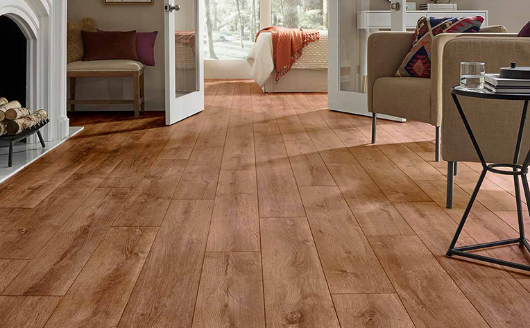 Wire brushed floor living room with dark floors and fireplace