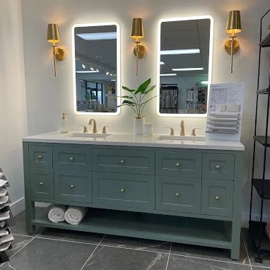 custom bath vanity and large square floor tiles